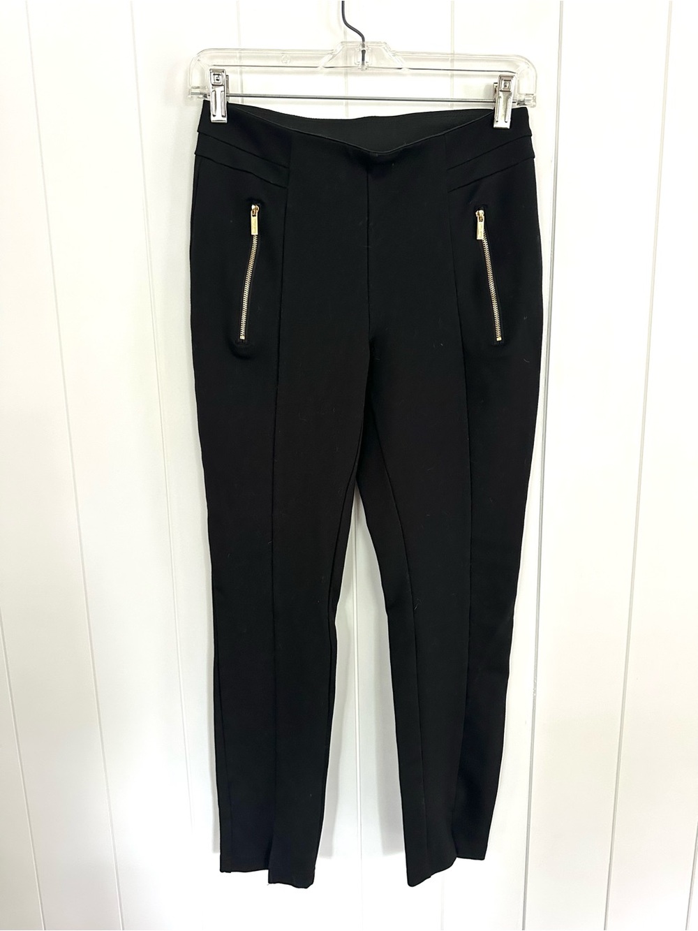 Ellen Tracy Black Slim Ponte Ankle Pants with Gold Zippers, Pull On